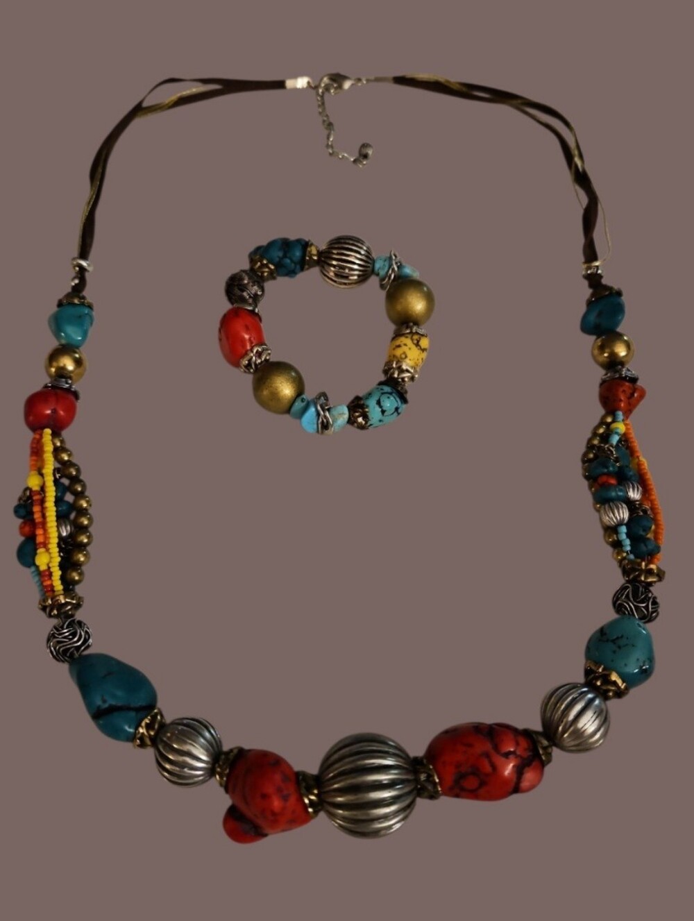 Vintage Boho Multi-Color Rainbow Stone Beaded Necklace and Bracelet Set